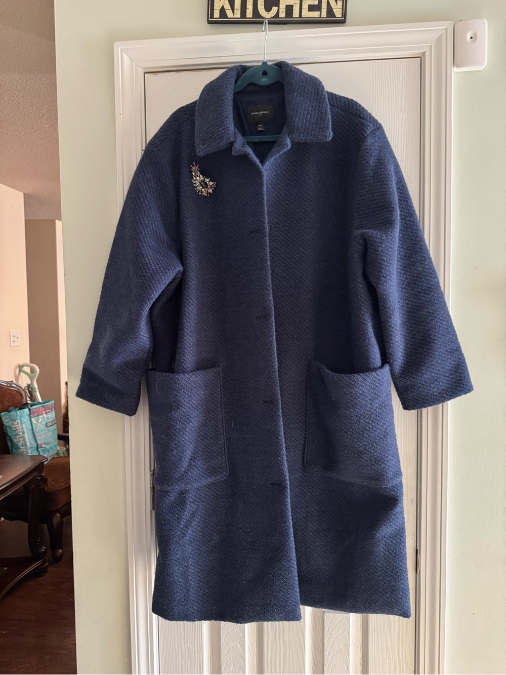 Banana Republic Navy Textured Wool-Blend Pea Coat